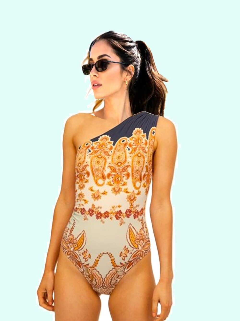 H&M One-Shoulder One-Piece Paisley Swimsuit Sz 12 Blue Gold Black